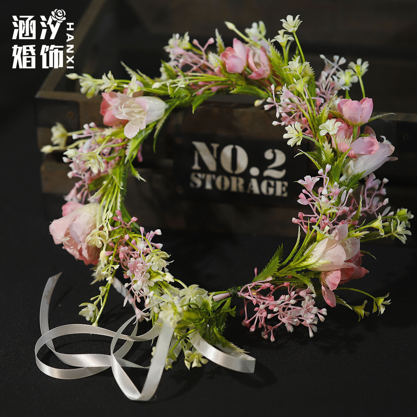 森系甜美粉色花朵清新花环新娘伴娘头饰度假外景拍照写真氛围头花