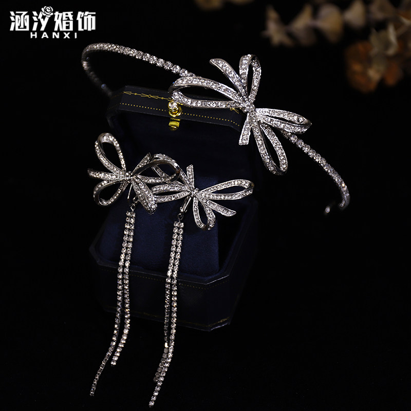 新款简约蝴蝶结发箍头饰流苏耳环套装减龄水晶晚礼服新娘百搭发饰