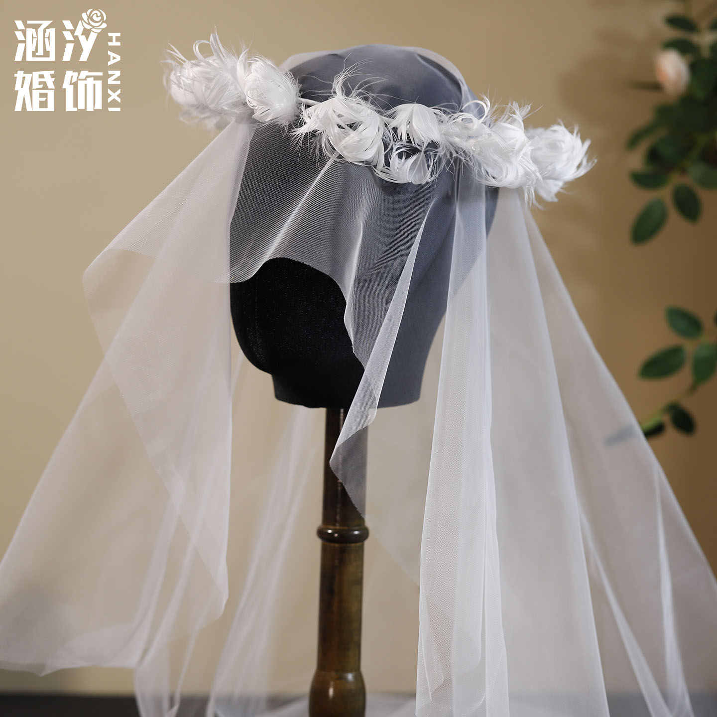涵汐白色羽毛花环新娘头纱复古