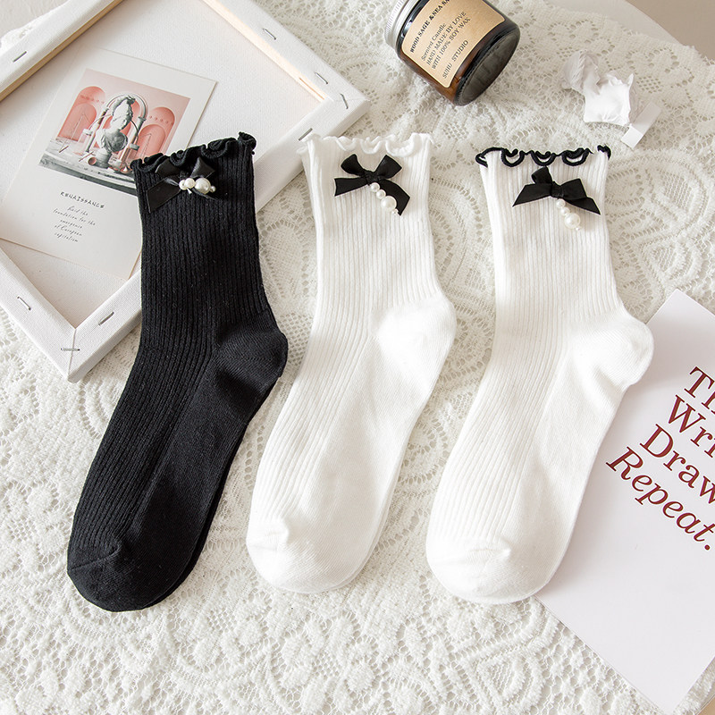橘子学姐可爱木耳花边袜子女珍珠蝴蝶结jk袜玛丽珍鞋搭配短中筒袜