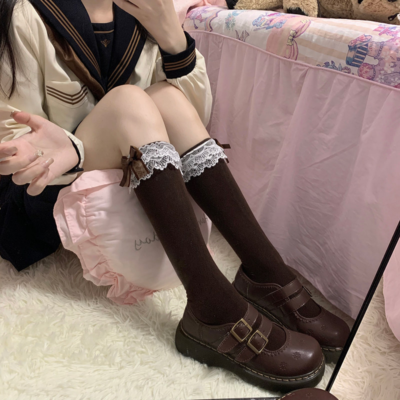 日系可爱软妹蝴蝶结小腿袜子女洛中筒袜