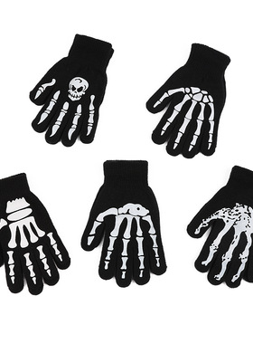 新款万圣节黑色胶印手套搞怪骷髅头针织分指保暖手套鬼爪骨架