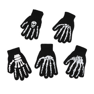 新款万圣节黑色胶印手套搞怪骷髅头针织分指保暖手套鬼爪骨架