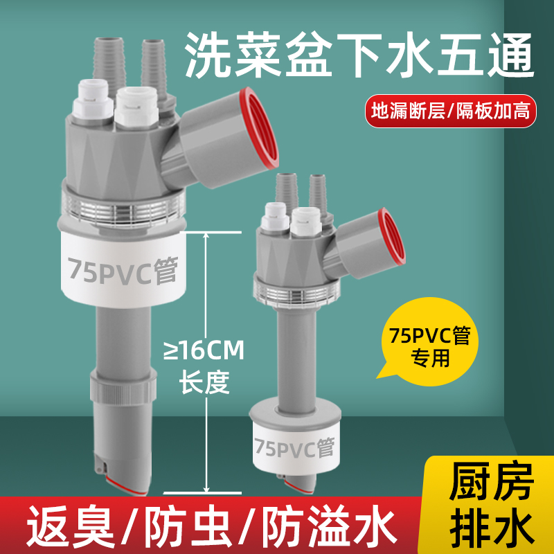 厨卫通用75PVC管洗衣机地漏下水三通断层用四通五通密封防臭配件