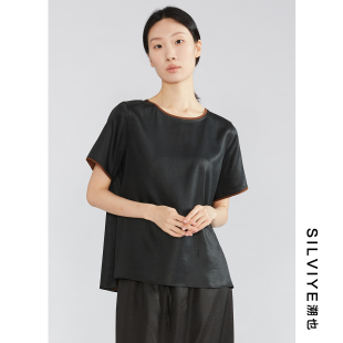 T恤女夏香云纱100桑蚕丝上衣 SILVIYE双面穿缎平龟真丝香云纱短袖
