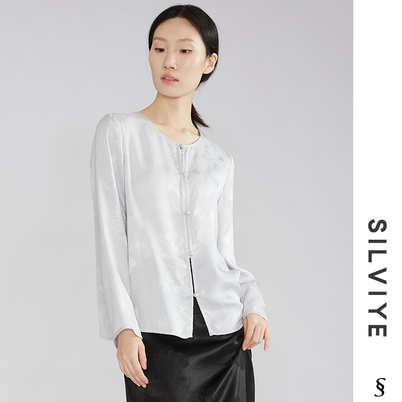 SILVIYE/溯也全萝花萝桑蚕丝国风开衫真丝茶服单排扣中式外套