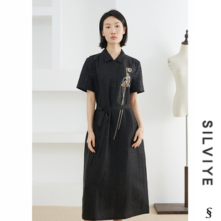 裙子 香云纱龟纹真丝翻领连衣裙桑蚕丝短袖 SILVIYE 溯也重工钉珠