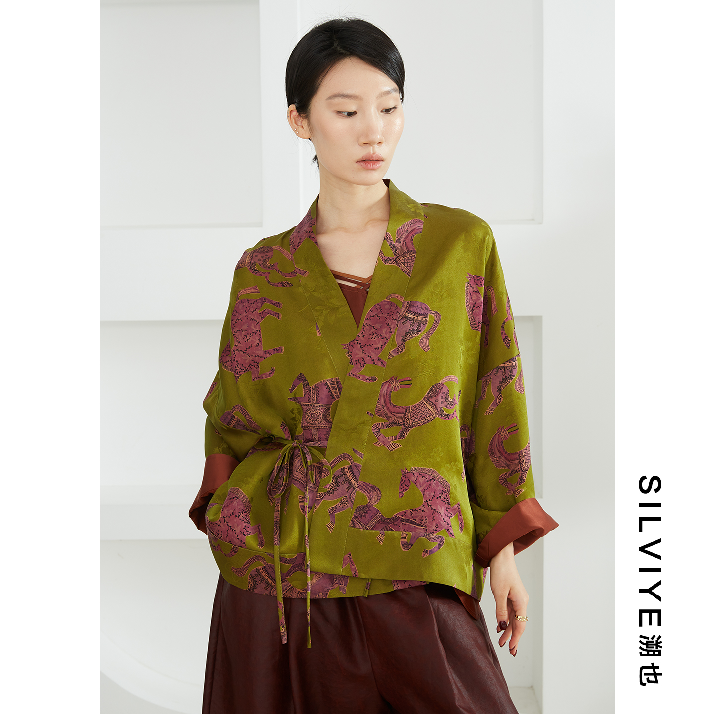 SILVIYE/溯也100%桑蚕丝花萝红云纱国风提花香云纱真丝宽松外套秋