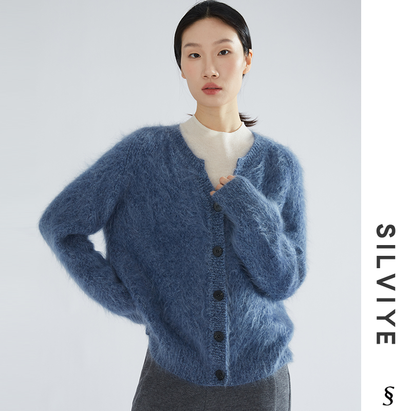 SILVIYE100纯山羊绒花纱拉绒毛衣女高端加厚拉绒羊绒衫针织外套