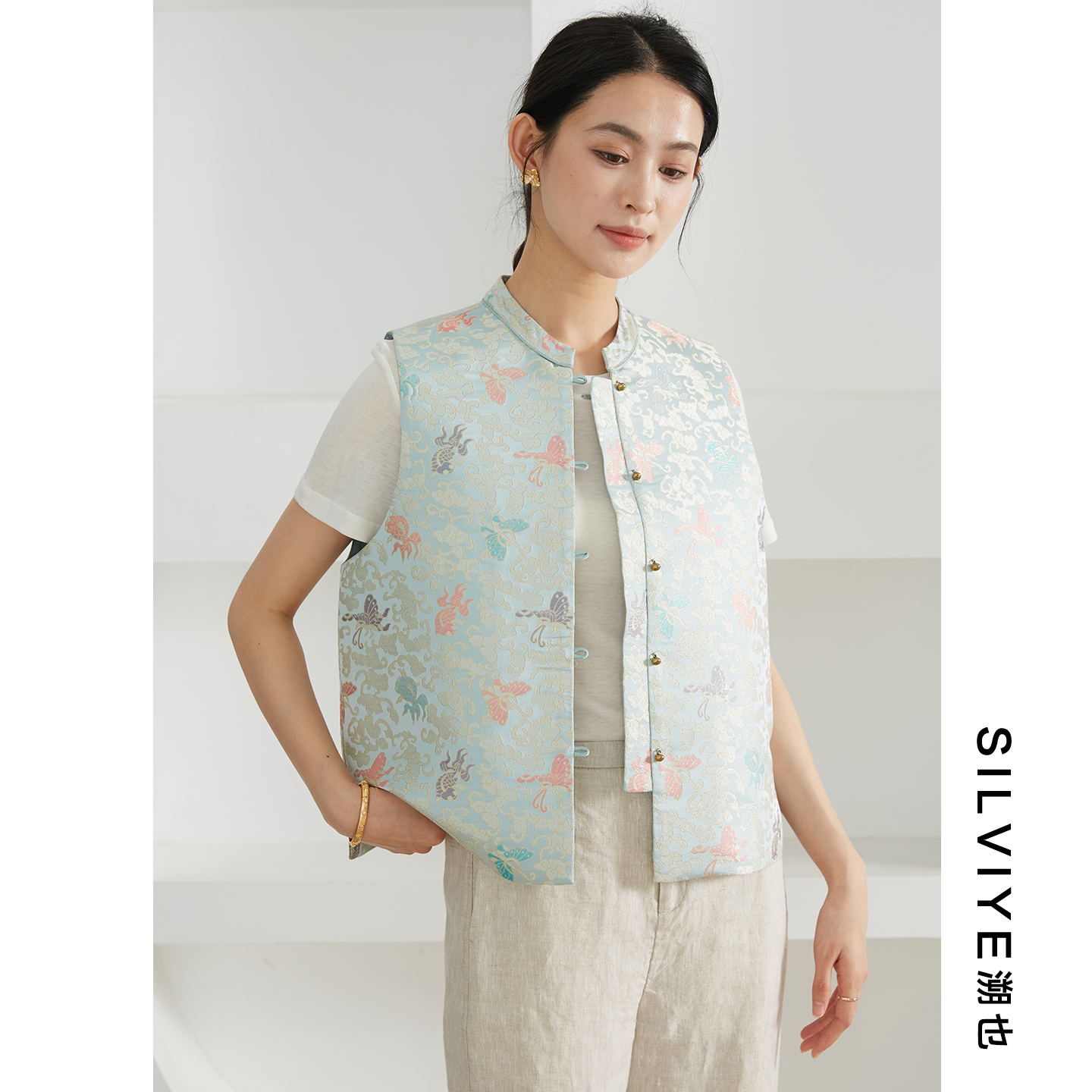 SILVIYE/溯也100%桑蚕丝国风织金宋锦新中式马甲真丝坎肩马夹秋