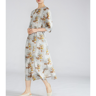 SILVIYE20姆米斜纹绸桑蚕丝系带收腰圆领真丝连衣裙七分袖长裙夏