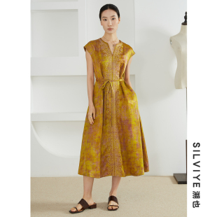 SILVIYE 长裙 溯也高定国风刺绣剪刀领重磅真丝连衣裙桑蚕丝落肩袖