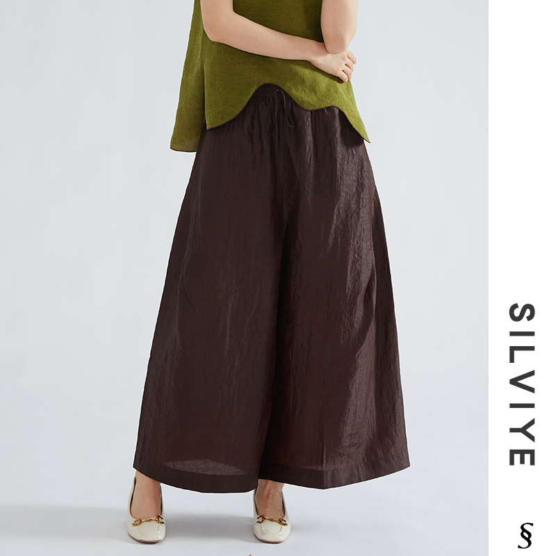 SILVIYE/溯也100%桑蚕丝香云纱红云纱裙裤女褶皱肌理感真丝阔腿裤