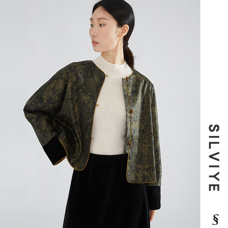 SILVIYE鎏金蝴蝶重缎皮子香云纱国风外套拼接真丝丝绒桑蚕丝外套