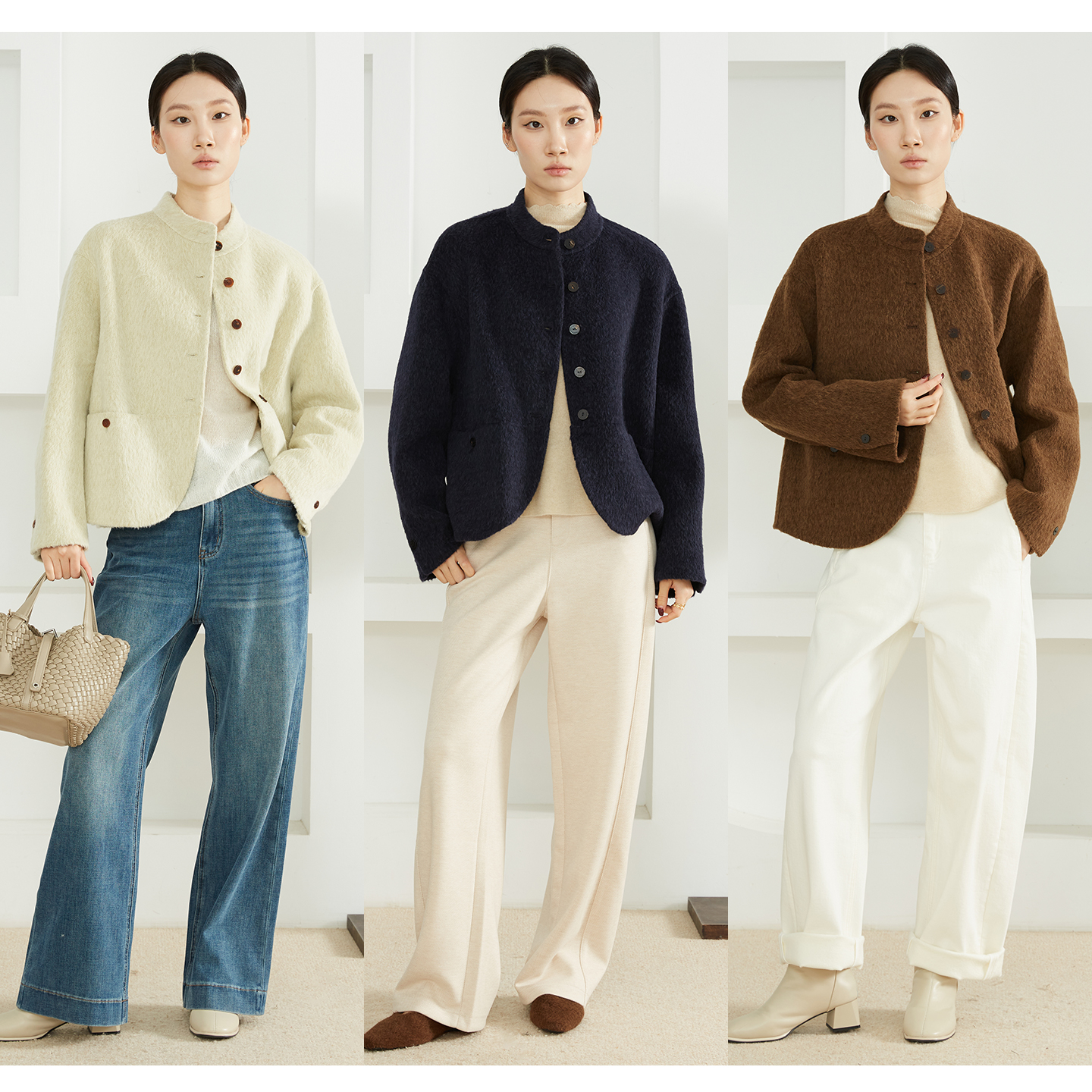 SILVIYE/溯也羊驼毛短款双面呢大衣女单排扣立领落肩袖毛呢外套冬