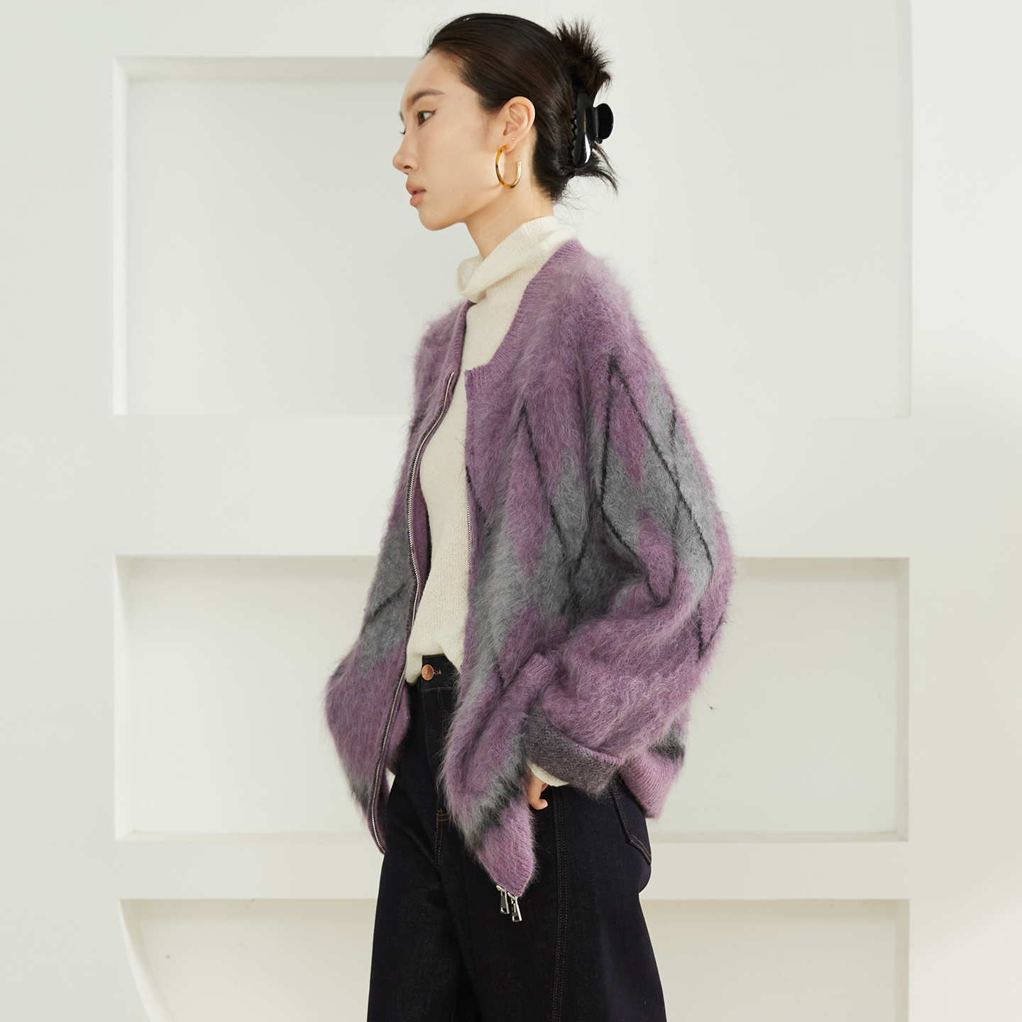 SILVIYE/溯也100%山羊绒拉绒针织开衫菱形格纹宽松皮草圆领毛衣冬