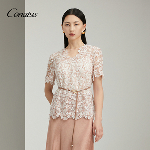 女V领短袖 优雅气质百搭蕾丝衫 上衣 珂尼蒂思2025春夏新款 CONATUS