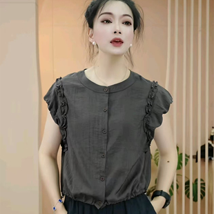 短袖天丝麻薄款衬衫中年女圆领设计感开衫宽松遮肉显年轻妈妈上衣