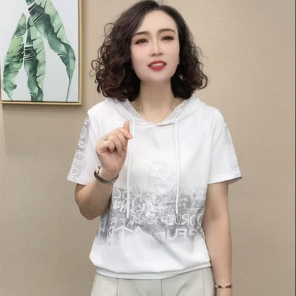 全棉薄款短袖卫衣女宽松遮肉小个子微胖妈妈装夏装连帽T恤上衣