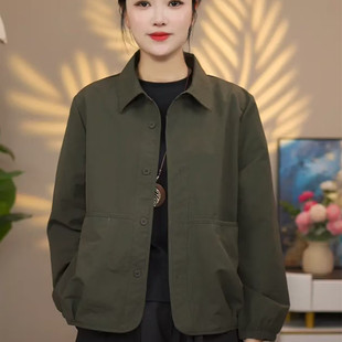 秋装新款短外套女时尚工装夹克上衣宽松大码休闲妈妈装风衣全棉