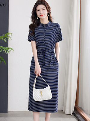 纯棉条纹连衣裙女夏季短袖立领长款收腰系带显瘦大码休闲t恤长裙