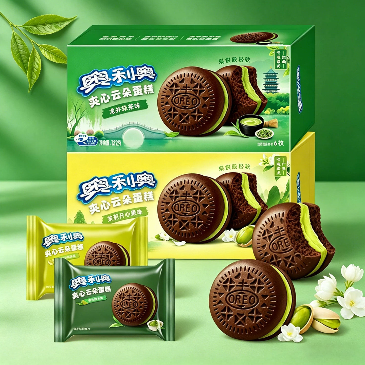 【新口味】奥利奥夹心云朵蛋糕132g龙井抹茶开心果味下午茶零食品