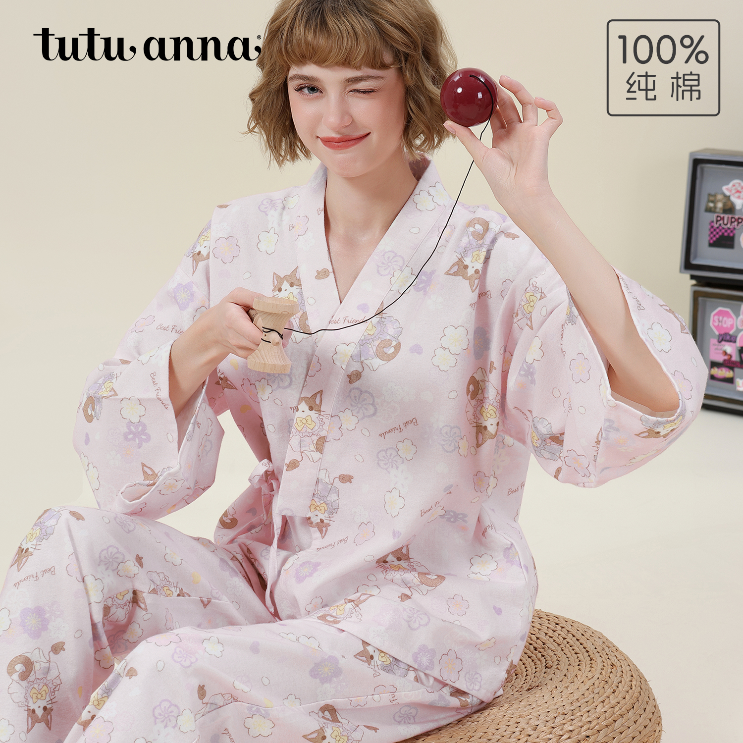 tutuanna秋冬全棉睡衣女 磨毛卡罗与希尔满印长袖和服家居服套装