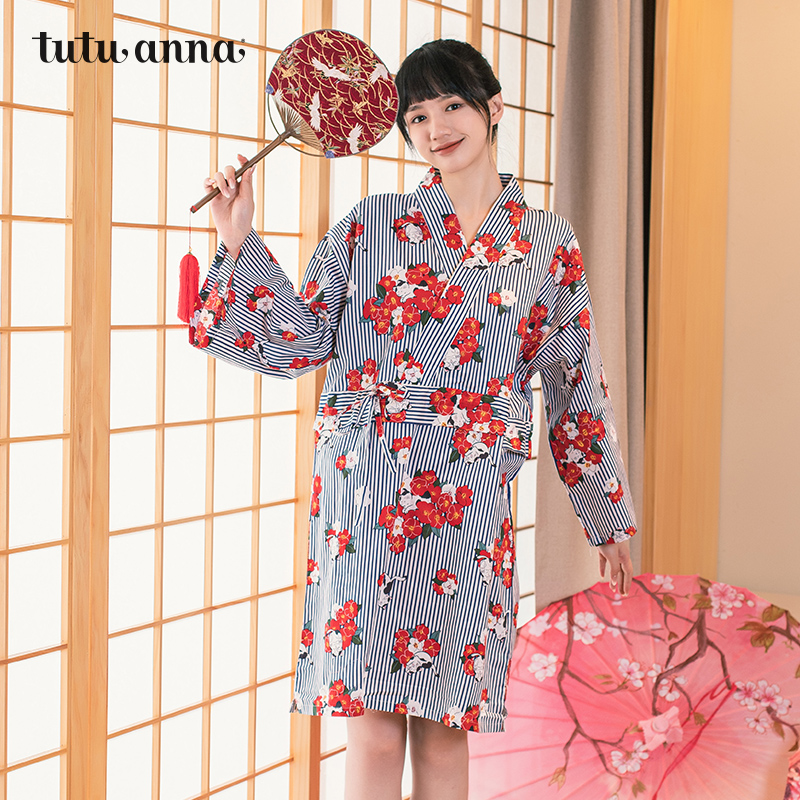 tutuanna家居服睡衣女纯棉竖条纹猫咪印花和服长袖睡裙中长款和风