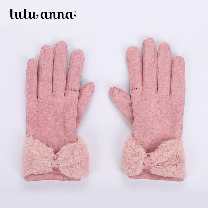 tutuanna手套女 纯色蝴蝶结冬季保暖秋冬优雅舒适女式五指手套