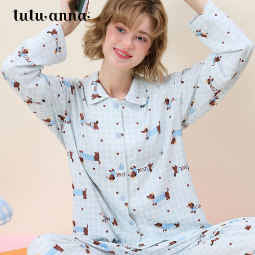 tutuanna秋季新款睡衣女 超柔面料腊肠狗满印格子前扣长袖家居服