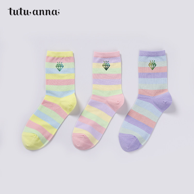tutuanna短袜女 春秋扎染潮流袜彩色字母印花女士短袜糖果色短袜