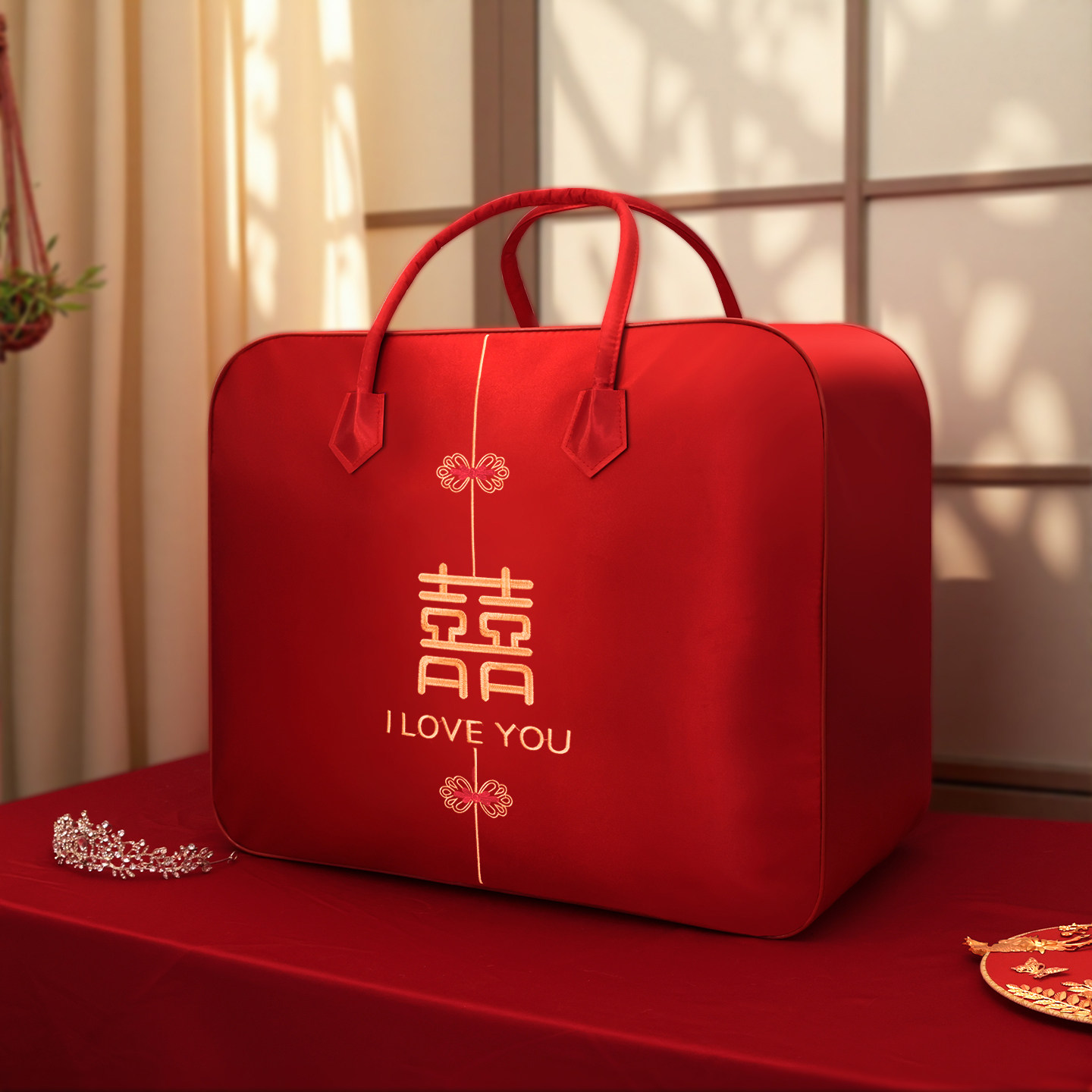 钢丝绣花婚嫁陪嫁被褥袋四件套