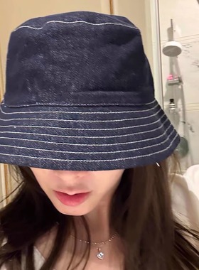 酥皮商店~韩版蓝色牛仔渔夫帽子女双面戴米色百搭遮阳盆帽显脸小