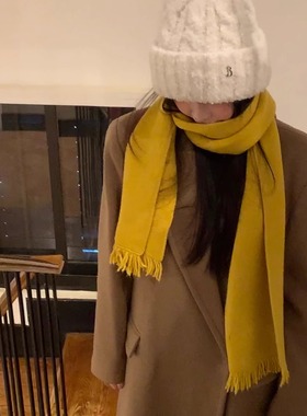 酥皮商店~韩系氛围感姜黄色围巾女秋冬新款纯色流苏保暖百搭围脖