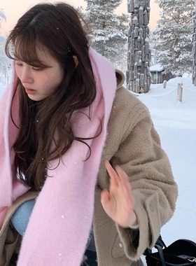 酥皮商店~韩版嫩粉色流苏围巾女秋冬新款韩系氛围感保暖披肩围脖