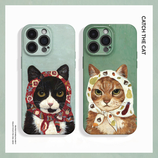 头巾小猫 15pro手机壳新华为mate70小米14小众vivoS19软iqooneo10苹果14findx8 情侣油画艺术ins适用iPhone16