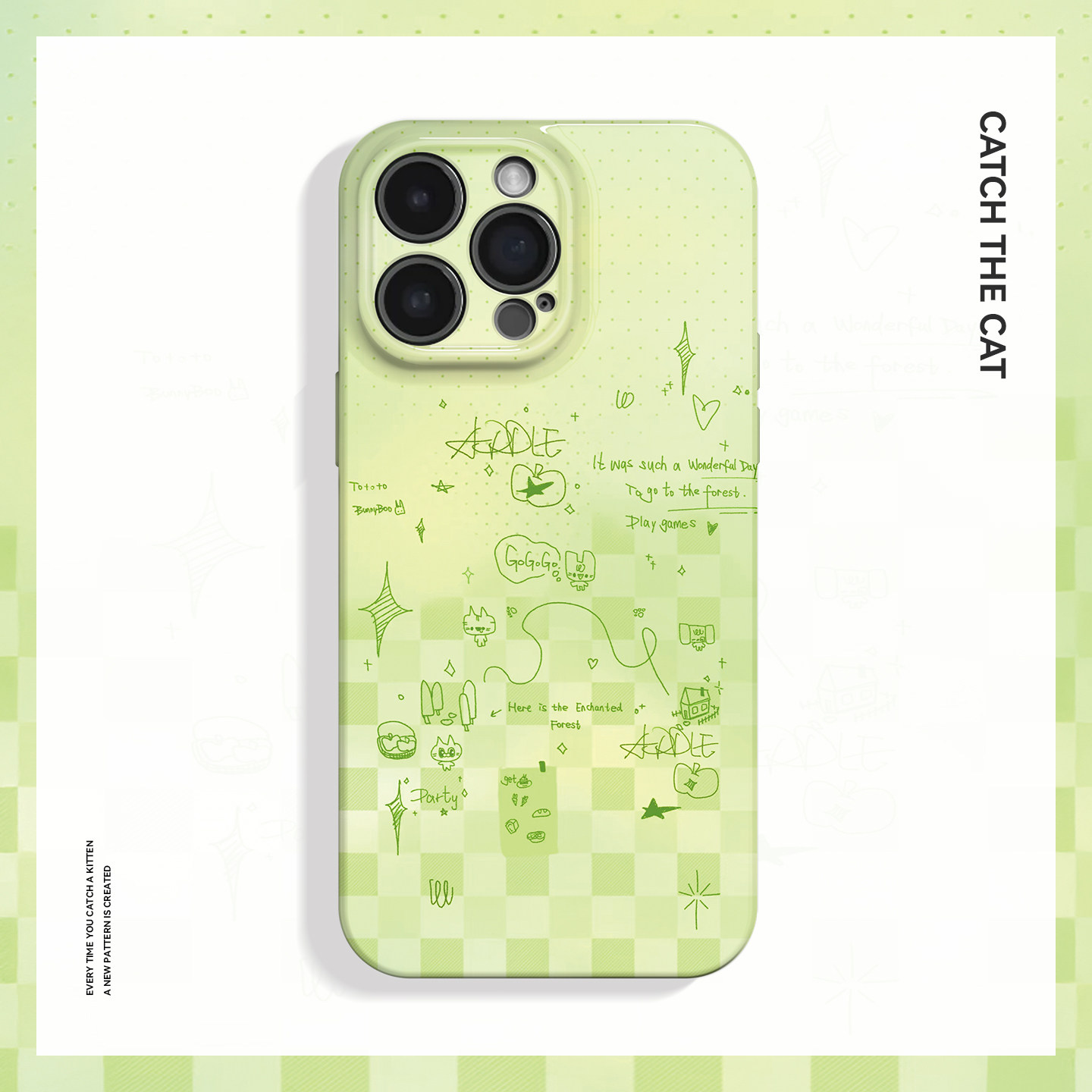 青苹果涂鸦~清新小众格子ins适用iPhone16/15pro手机壳华为mate70小米14可爱vivoS19软iqooneo10苹果14荣耀90