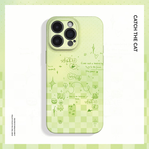 青苹果涂鸦~清新小众格子ins适用iPhone16/15pro手机壳华为mate70小米14可爱vivoS19软iqooneo10苹果14荣耀90