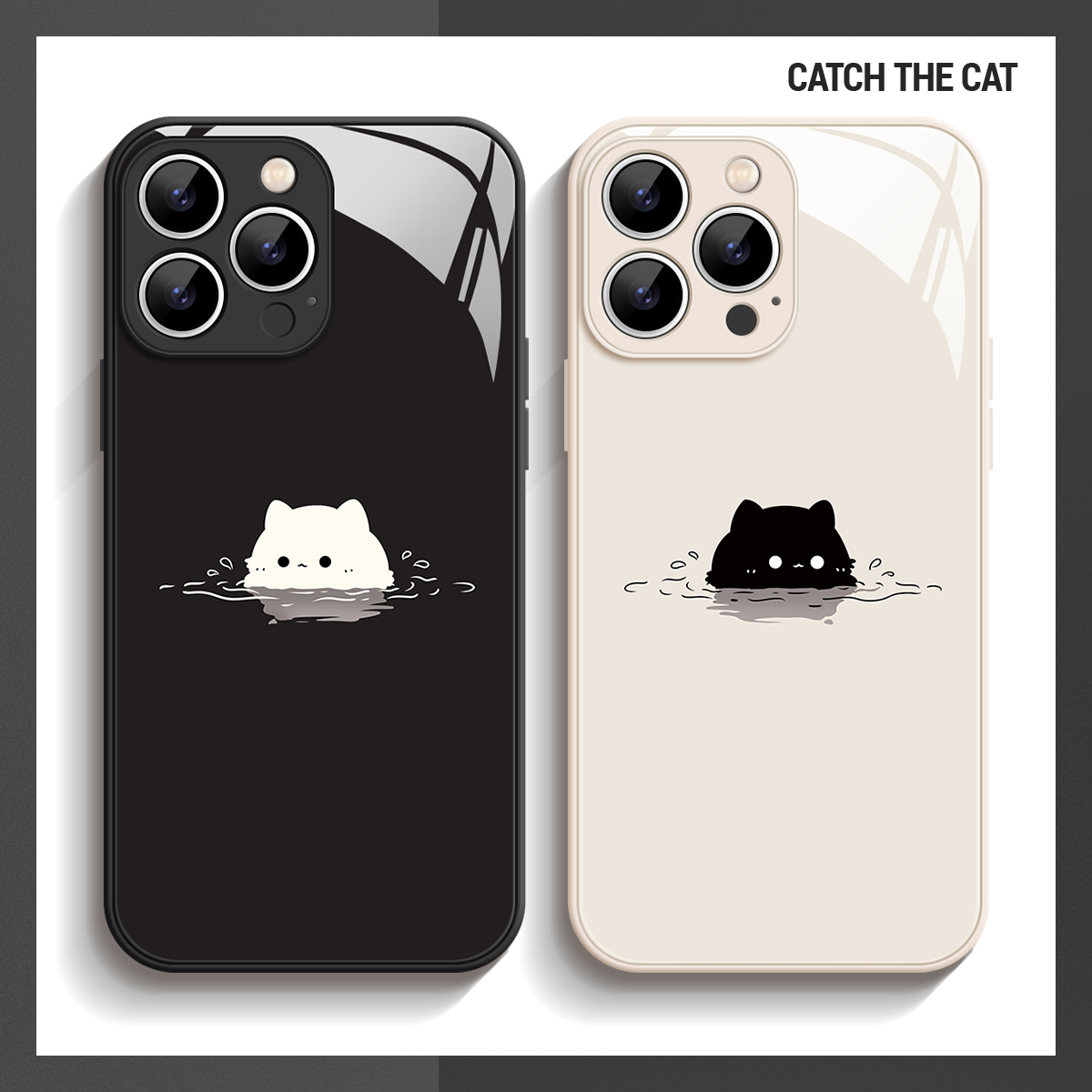 潜伏~情侣猫咪玻璃壳适用iphone16promax手机壳新苹果15/14华为mate60pro可爱pura70少女心Reno13偷感s20蠢萌