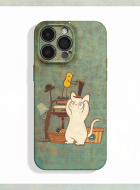 高帽子~卡通复古做旧ins适用苹果17promax手机壳iPhone16华为mate70小米15vivoS19小众iqooneo12猫oppofindx8