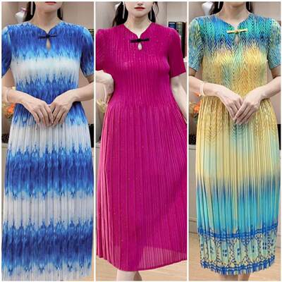 【301-360】夏季妈妈三宅褶皱气质连衣裙时尚大码显瘦女装旗袍领