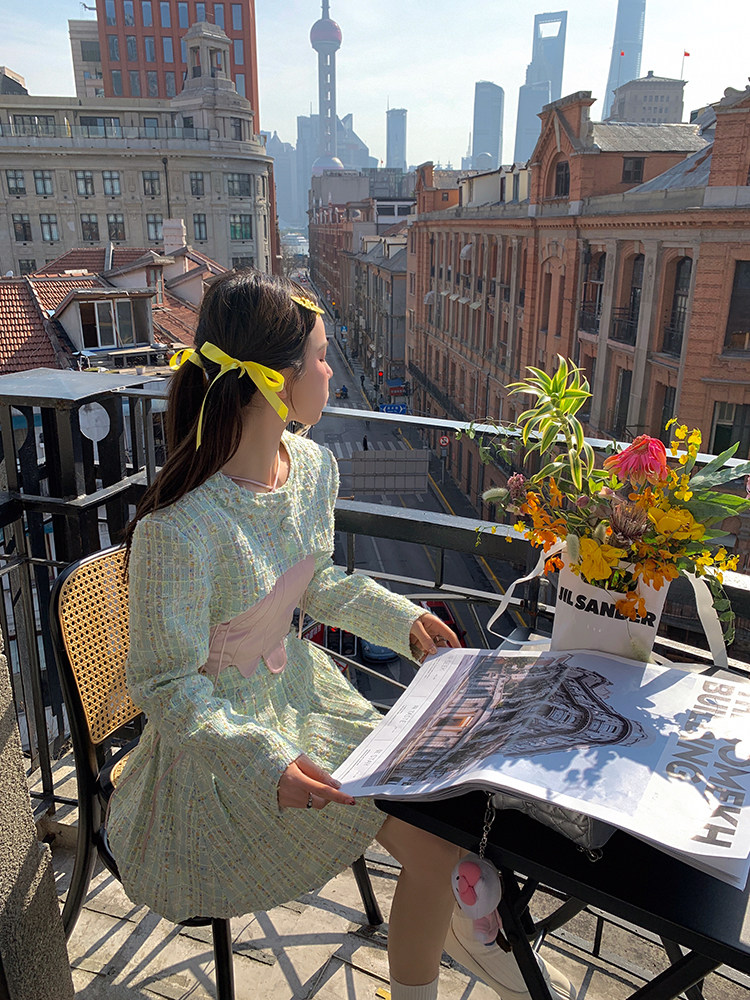 le rouge周美美【绿野什未林】小众设计粗花呢短外套百褶裙套装