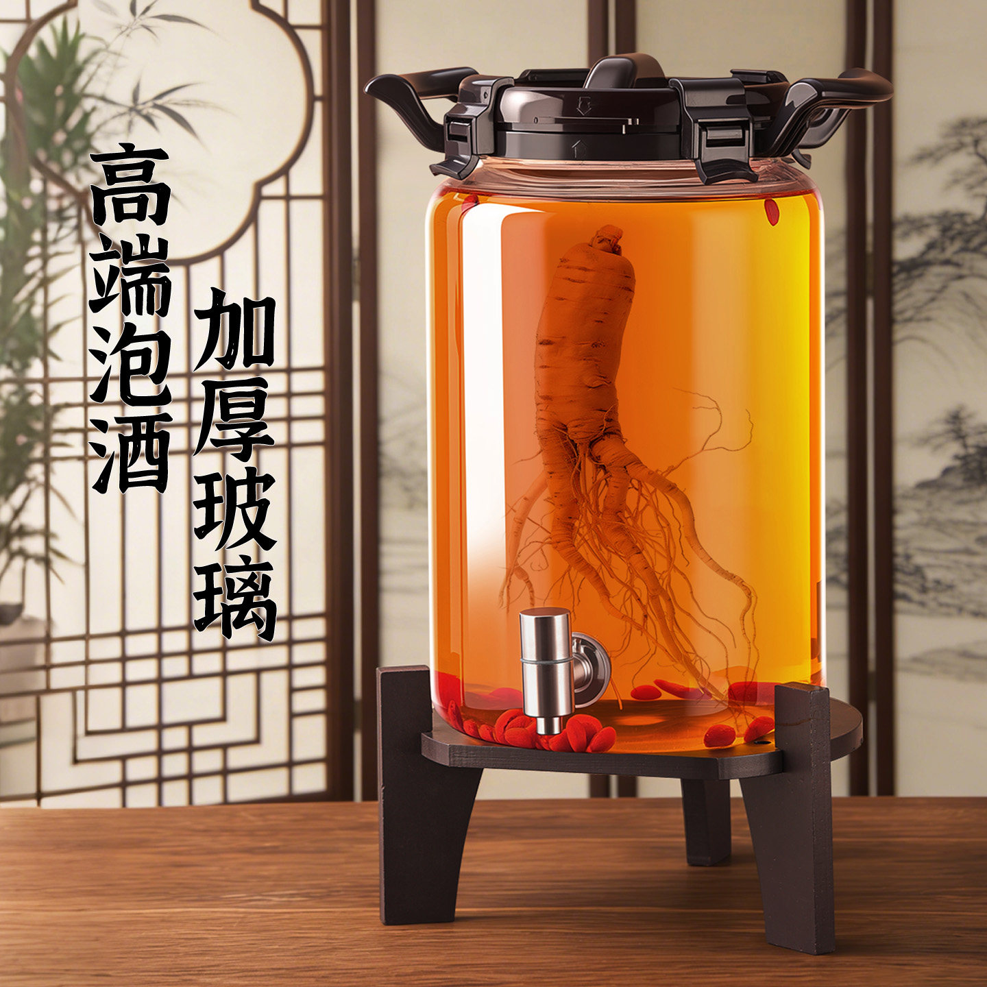 加厚玻璃密封带龙头泡酒瓶