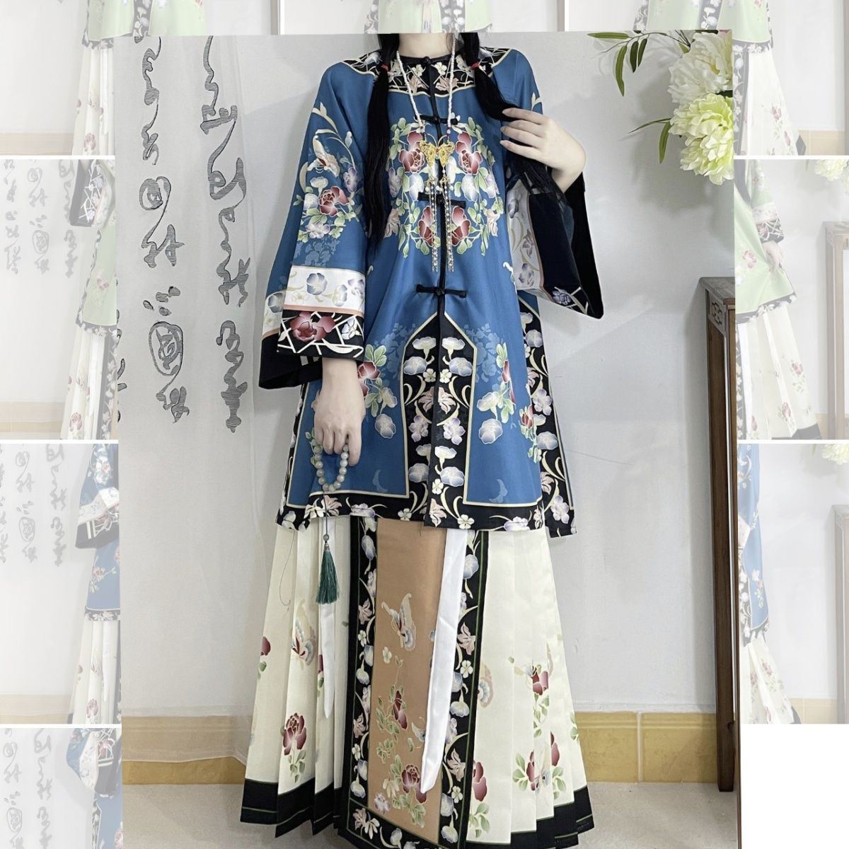 芸依阁【似锦】清汉女复原对襟圆领古董民族服装重工印花马面秋款