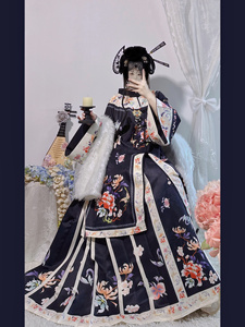 原创设计清汉女重工重工印花对襟氅衣马面裙2024年宫廷格格服新