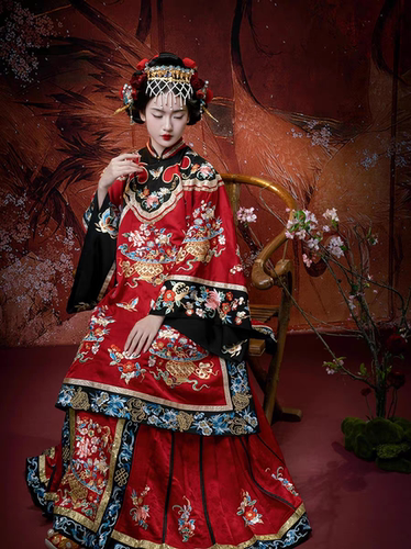 宫廷古风印花格格氅衣马面清朝服饰晚清晋商少奶奶服装古装媒婆服