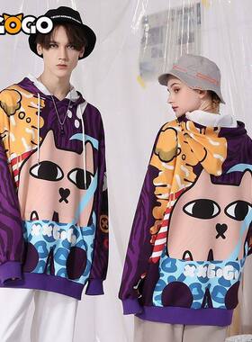 XXGOGO春秋季炫彩卡通图案印花落肩袖连帽宽松常规卫衣男女紫色