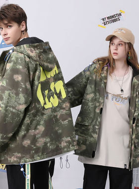 bt秋冬工装风印花落肩袖多口袋宽松弹力绳棉服衣男女同款军绿色