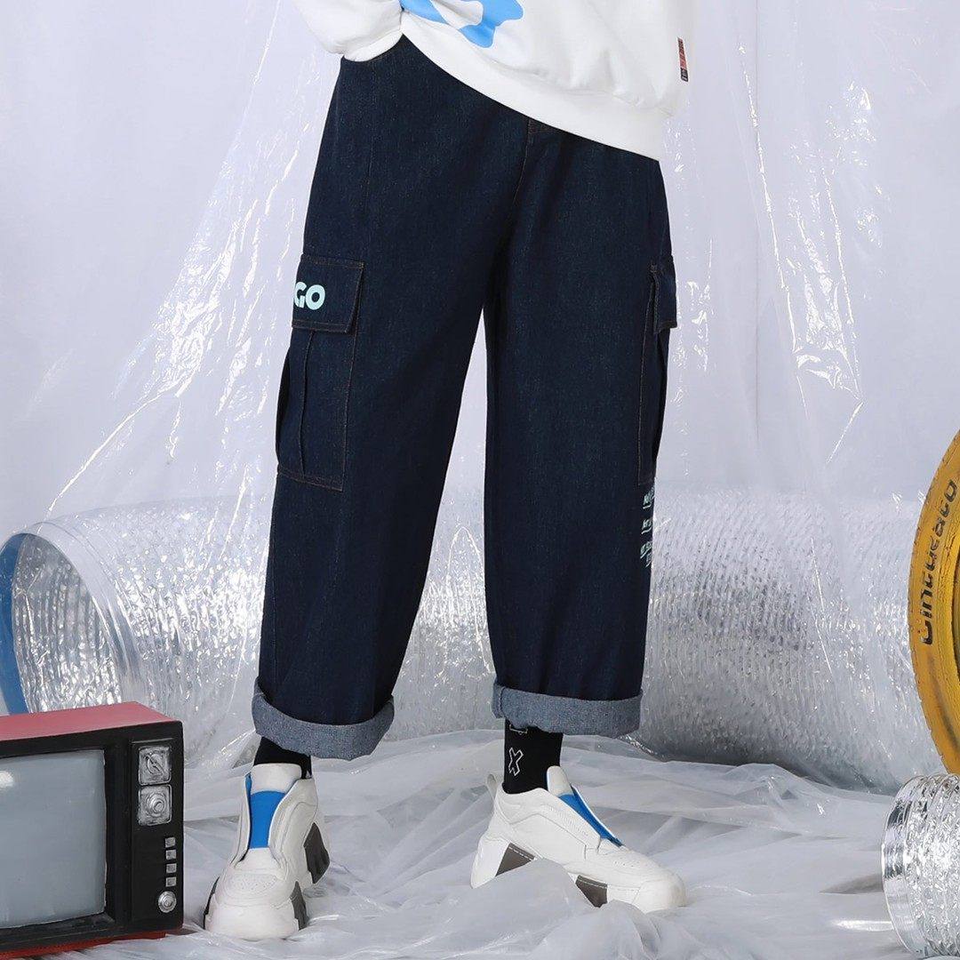 XXGOGO春秋季新款风印花多口袋廓形直筒裤牛仔裤 男女同款深蓝色,男装,牛仔裤,淘宝优惠券,粉丝福利购,淘宝优惠卷