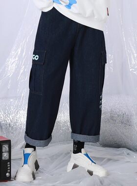 XXGOGO春秋季新款风印花多口袋廓形直筒裤牛仔裤 男女同款深蓝色